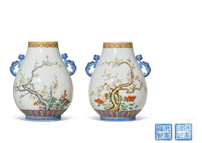 民国  粉彩梅花花卉图螭耳尊（一对）